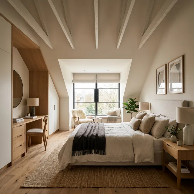Completed loft conversion master bedroom with dormer windows and premium finishes