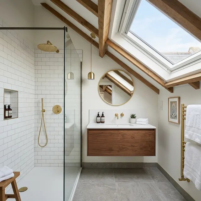 Loft en-suite bathroom with walk-in shower, subway tiles, gold fixtures, and skylight