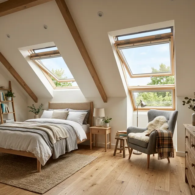Velux loft conversion bedroom with large roof windows, wooden beams, and reading chair